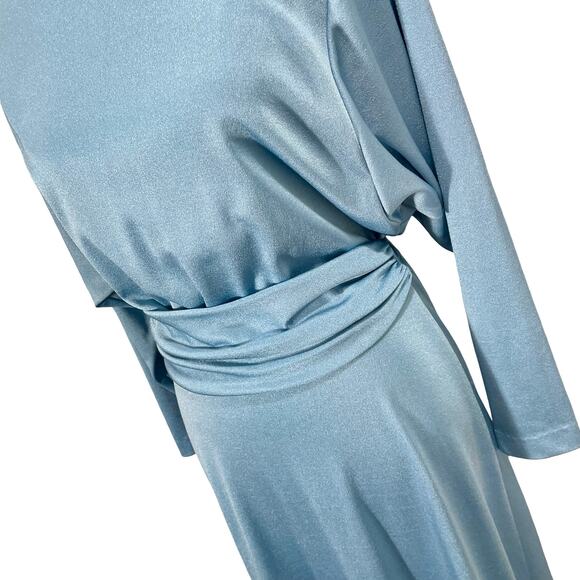 Vintage 80s Women's Retro Claralura Blue Satin Open Back Dress Sz 14 - Picture 3 of 9